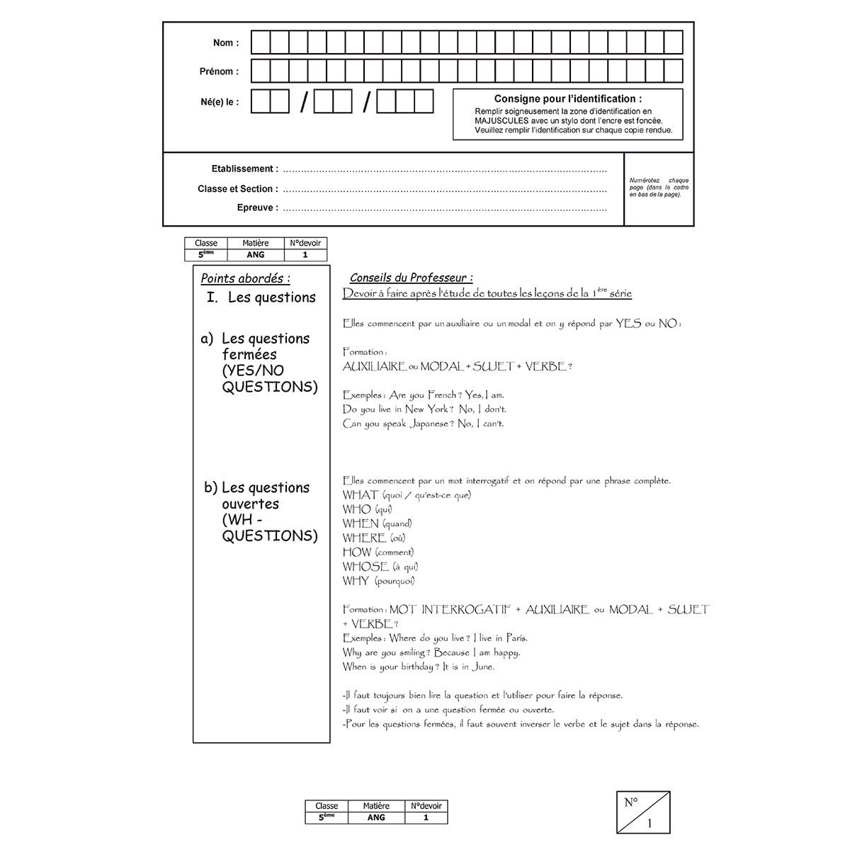 Mon année de Collège - 5ème - Anglais LV1 avec 6 devoirs à envoyer
