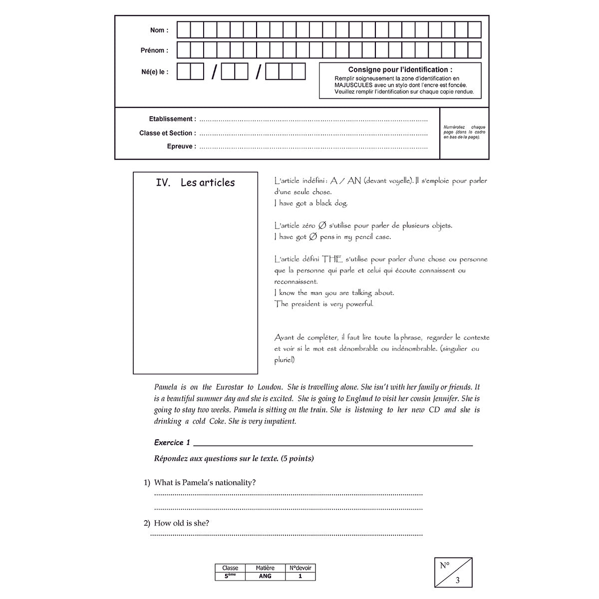 Mon année de Collège - 5ème - Anglais LV1 avec 6 devoirs à envoyer