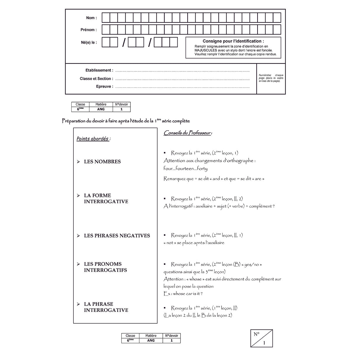 Mon année de Collège - 6ème - Anglais LV1 avec 6 devoirs à envoyer