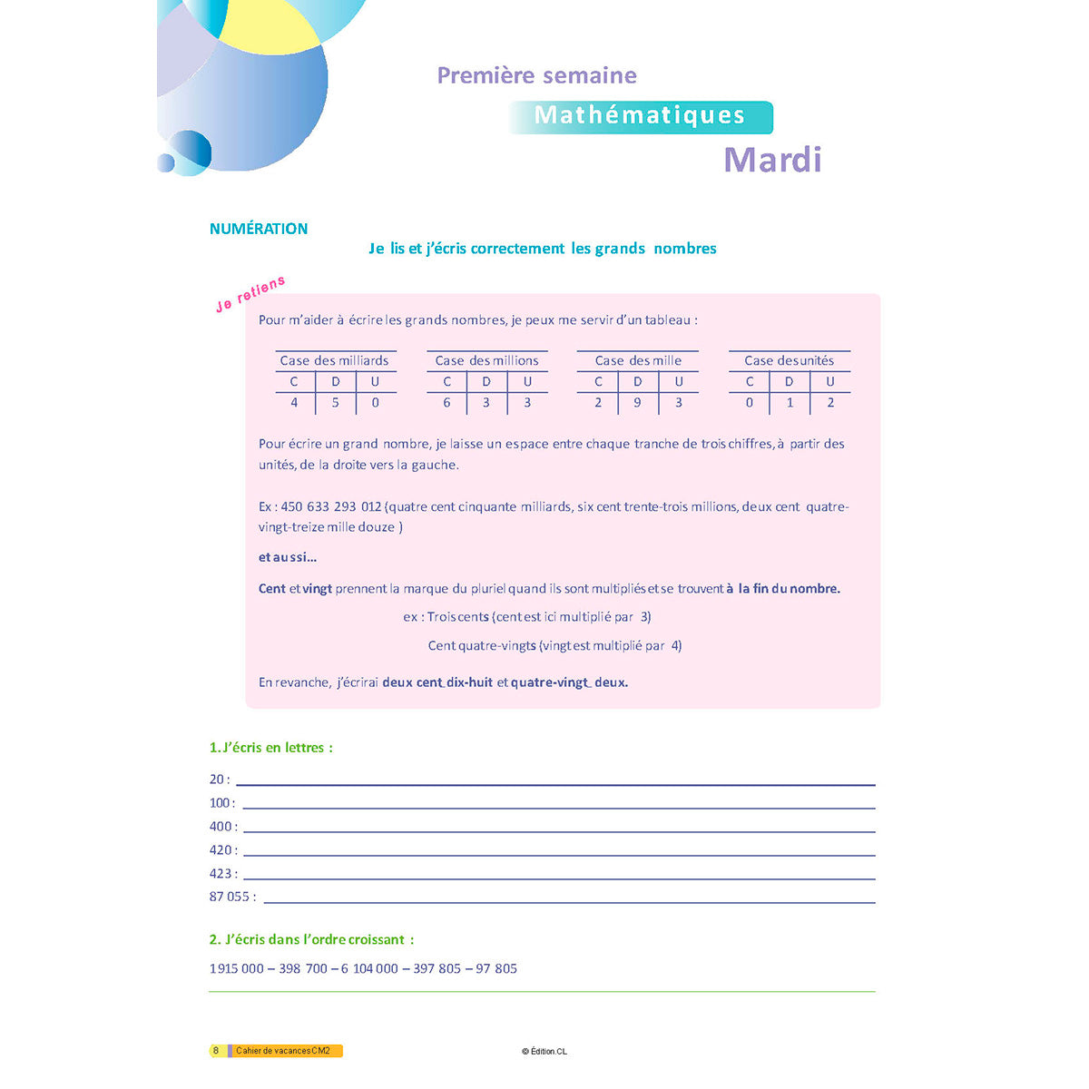 Cahier de vacances du CM2 vers 6e