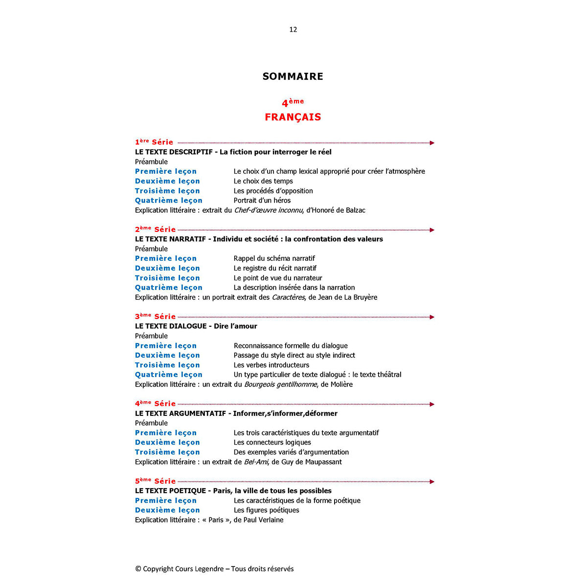 Mon année de Collège - 4ème - Français avec 6 devoirs à envoyer