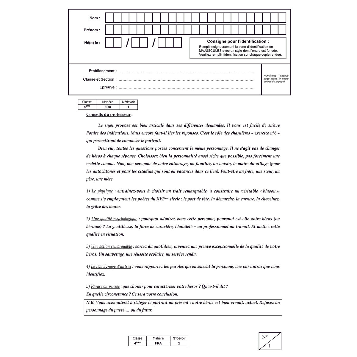 Mon année de Collège - 4ème - Français avec 6 devoirs à envoyer