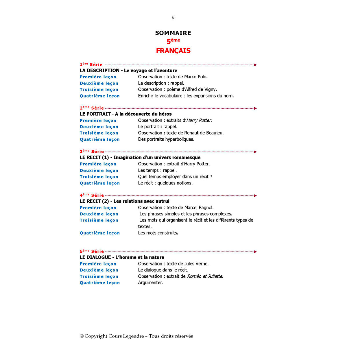 Mon année de Collège - 5ème - Français avec 6 devoirs à envoyer
