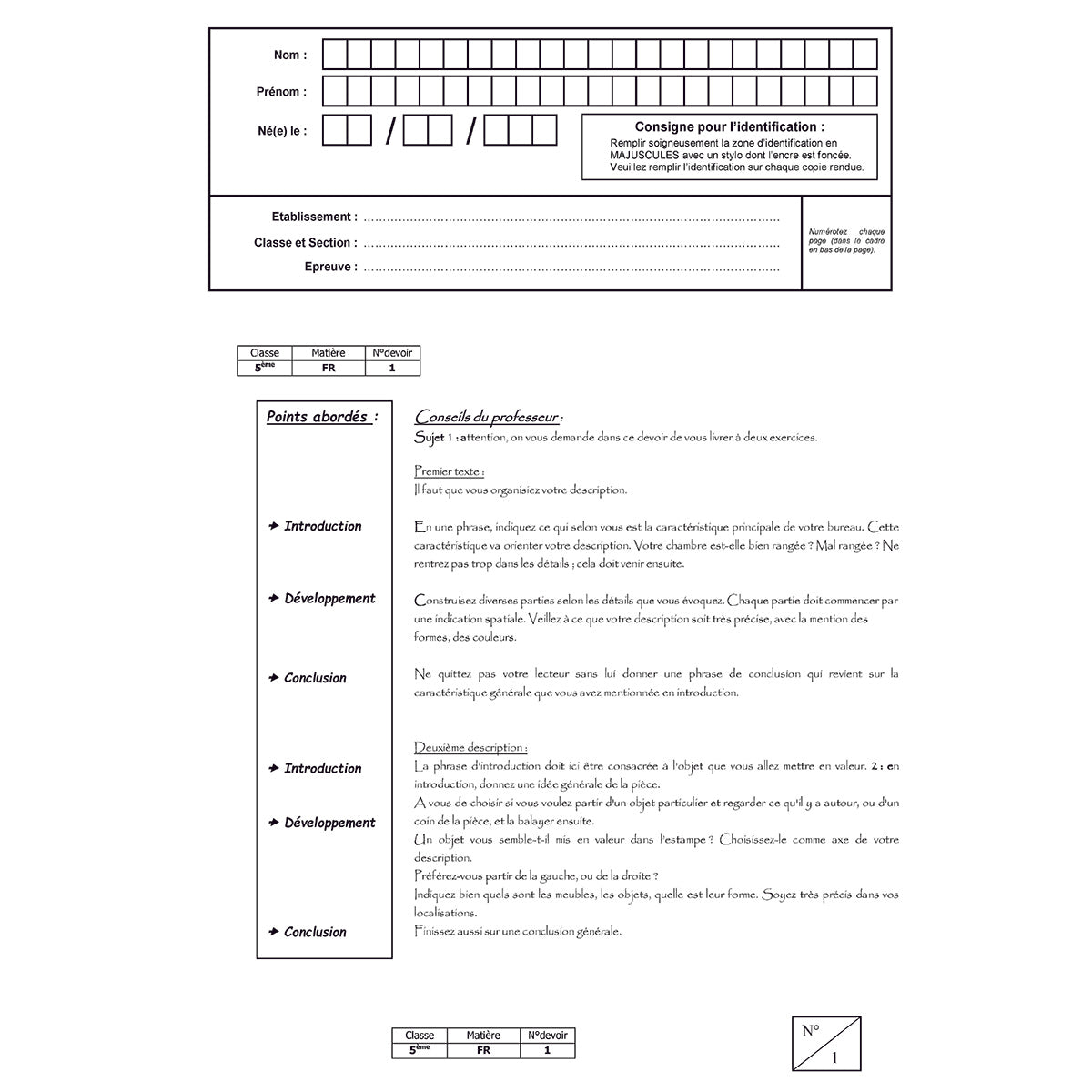 Mon année de Collège - 5ème - Français avec 6 devoirs à envoyer