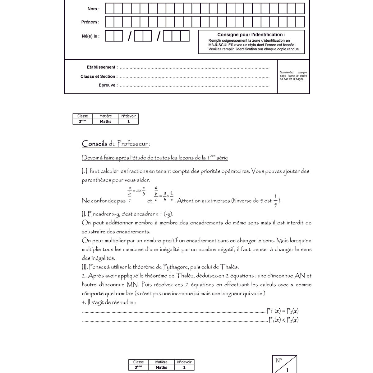 Mon année de Collège - 3ème - Mathématiques avec 6 devoirs à envoyer