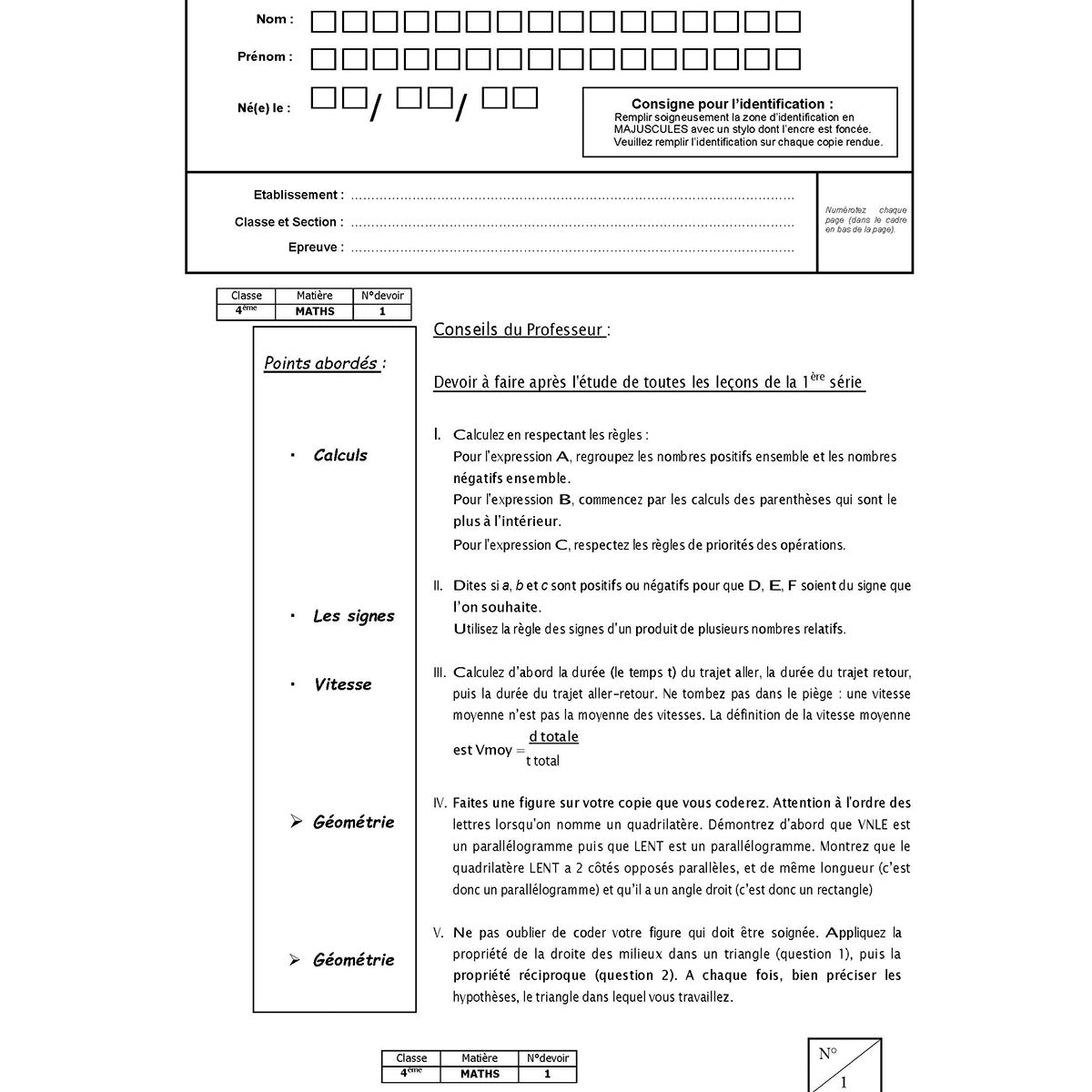 Mon année de Collège - 4ème - Mathématiques avec 6 devoirs à envoyer