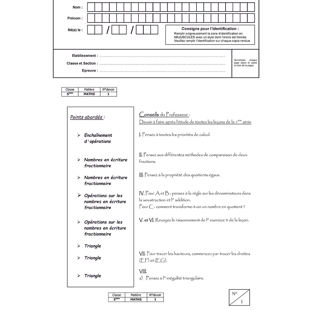 Mon année de Collège - 5ème - Mathématiques avec 6 devoirs à envoyer