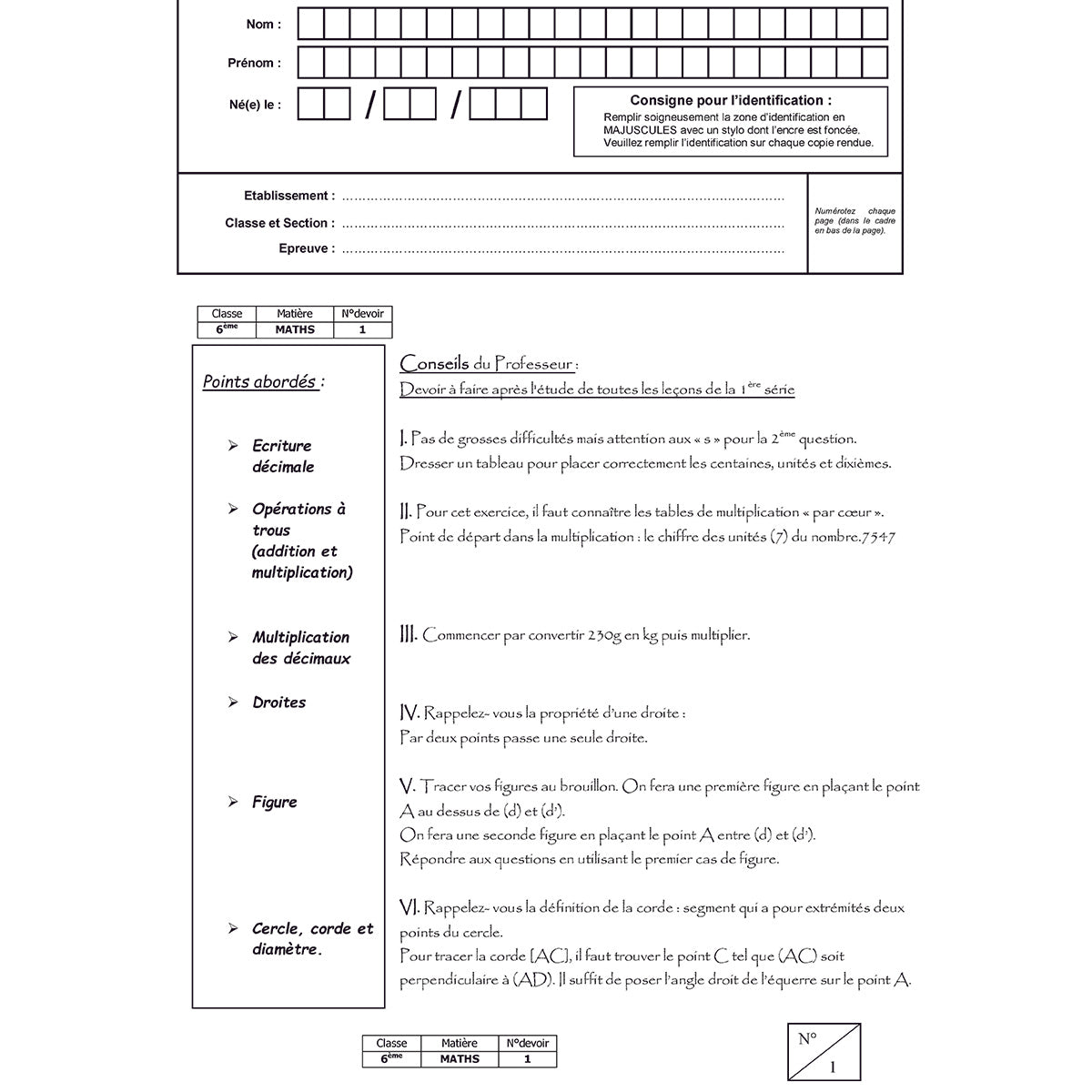 Mon année de Collège - 6ème - Mathématiques + 6 devoirs à envoyer