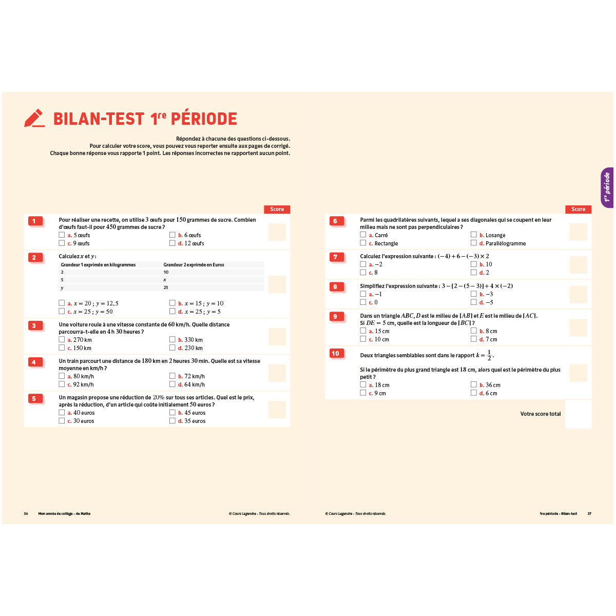 Mon année de collège - Cahier de cours et d'entraînement - Mathématiques - 4ème