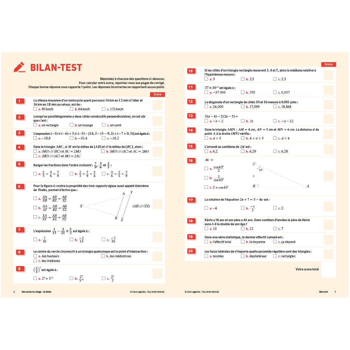 Mon année de collège - Cahier de cours et d'entraînement - Mathématiques - 4ème