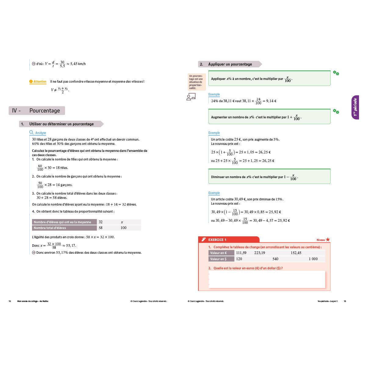 Mon année de collège - Cahier de cours et d'entraînement - Mathématiques - 4ème
