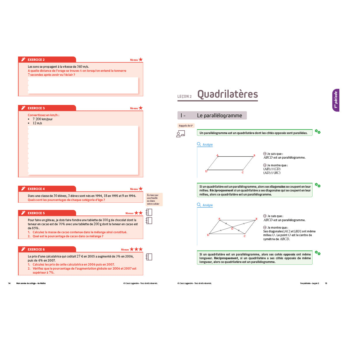 Mon année de collège - Cahier de cours et d'entraînement - Mathématiques - 4ème