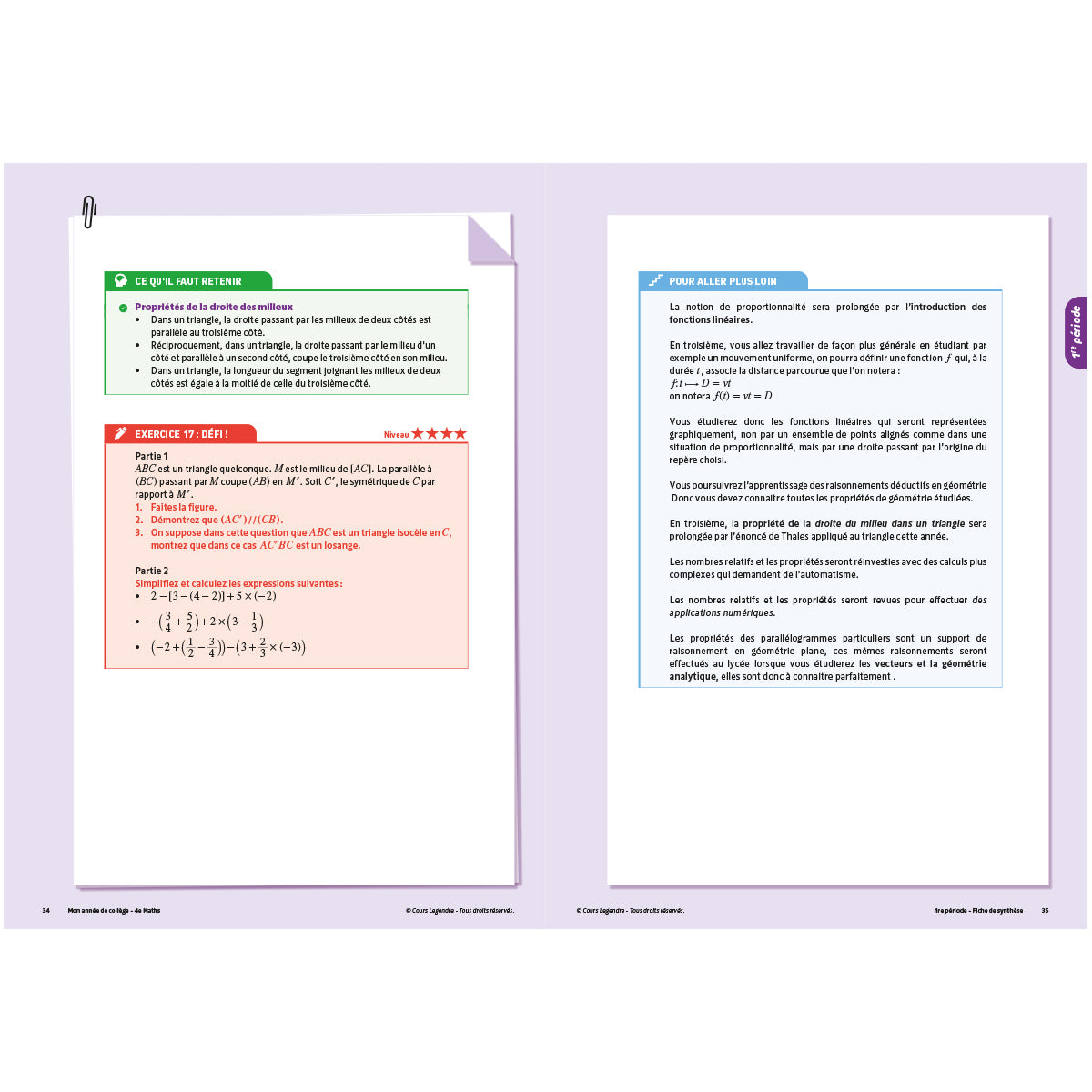 Mon année de collège - Cahier de cours et d'entraînement - Mathématiques - 4ème