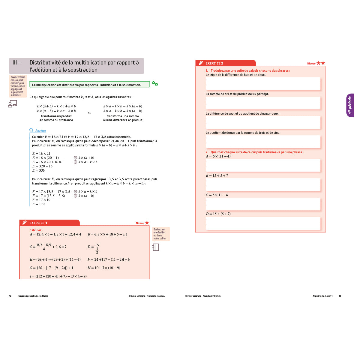 Mon année de collège - Cahier de cours et d'entraînement - Mathématiques - 5ème