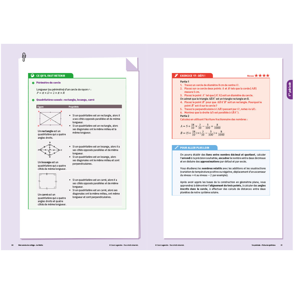Mon année de collège - Cahier de cours et d'entraînement - Mathématiques - 6ème