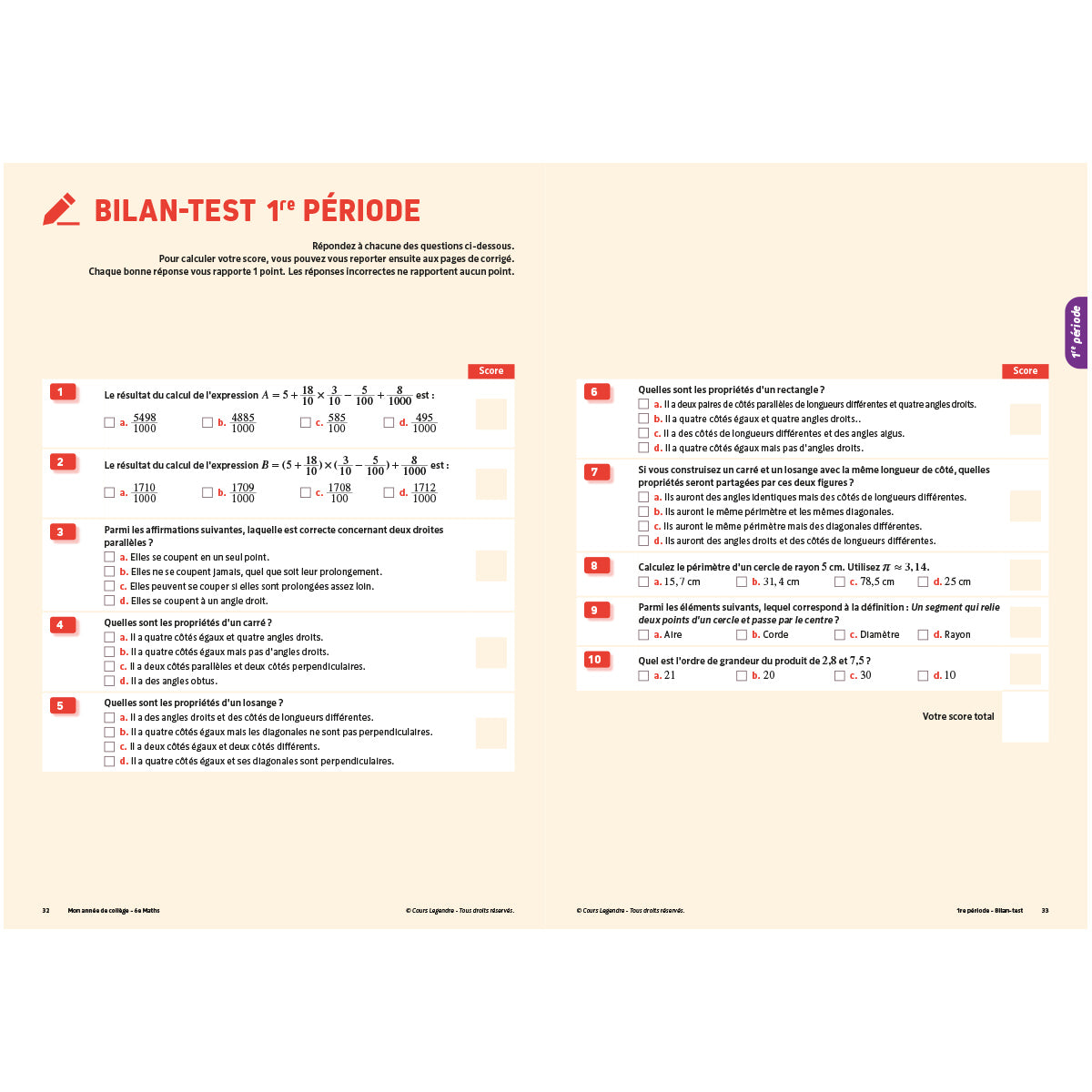 Mon année de collège - Cahier de cours et d'entraînement - Mathématiques - 6ème
