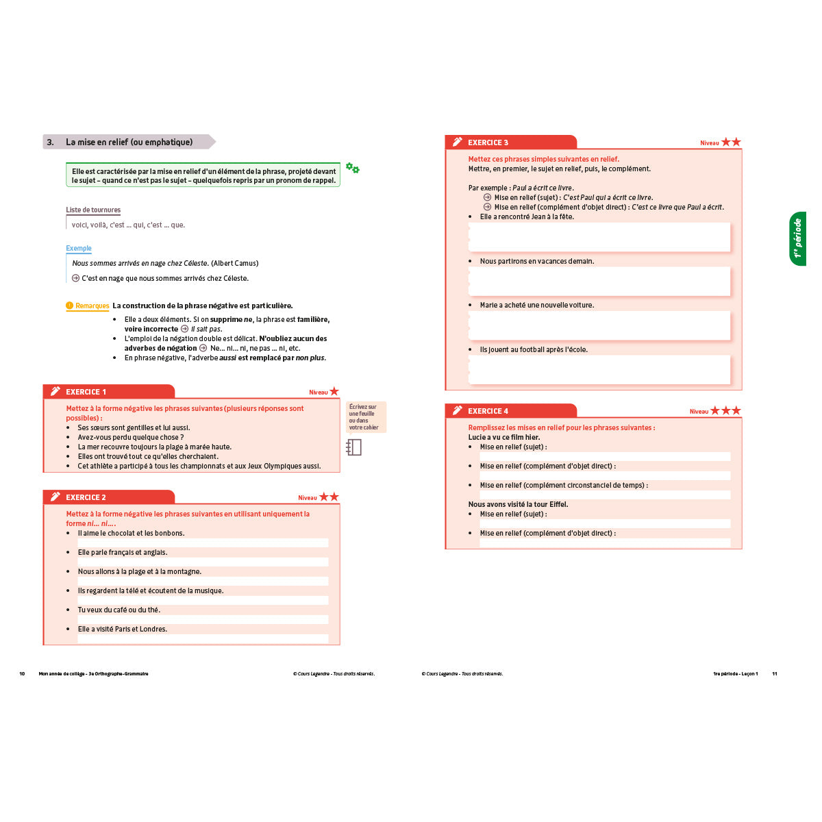 Mon année de collège - Cahier de cours et d'entraînement - Orthographe-Grammaire - 3ème