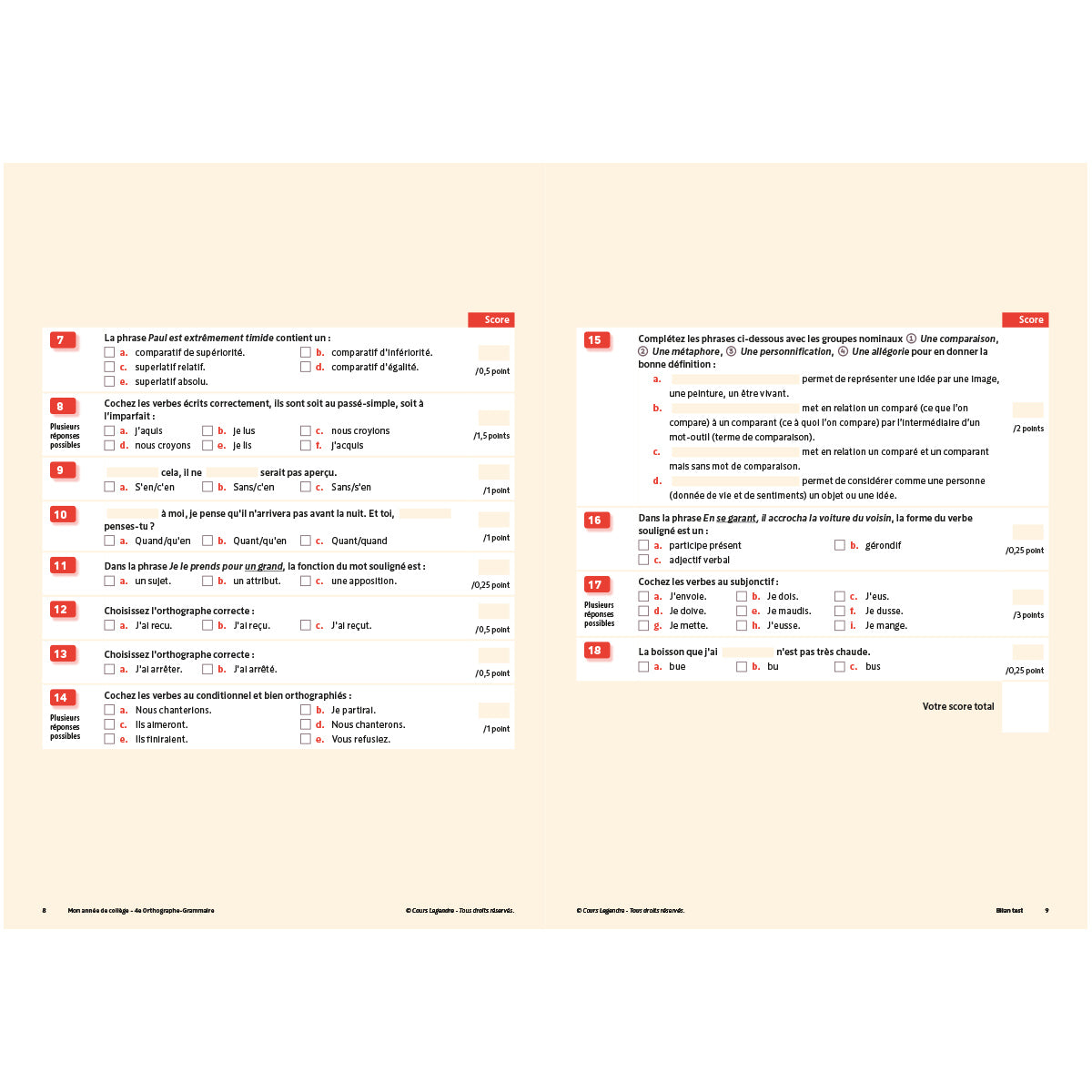 Mon année de collège - Cahier de cours et d'entraînement - Orthographe-Grammaire - 4ème