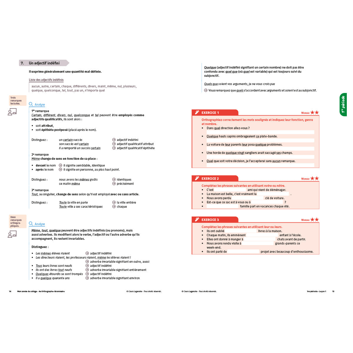 Mon année de collège - Cahier de cours et d'entraînement - Orthographe-Grammaire - 4ème
