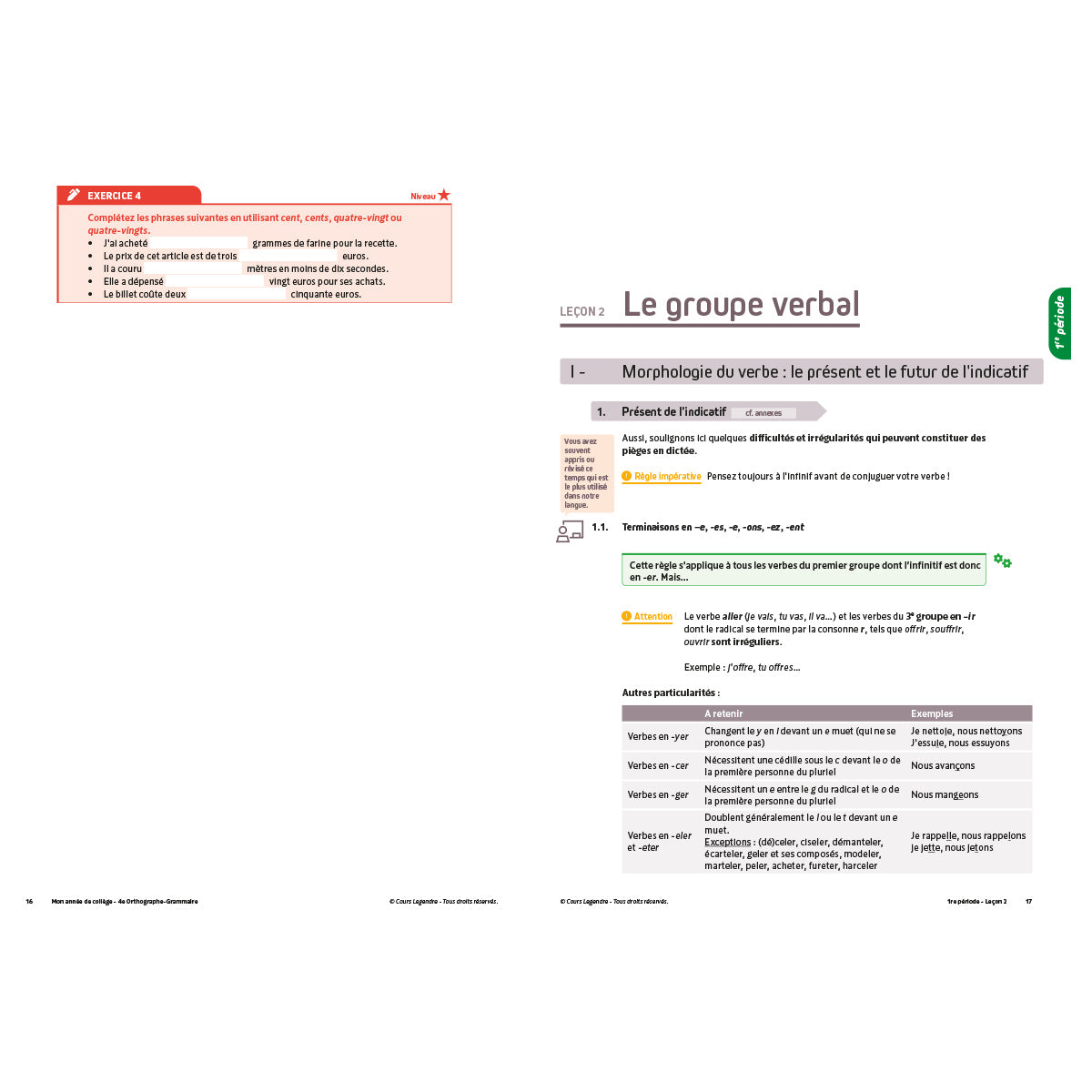 Mon année de collège - Cahier de cours et d'entraînement - Orthographe-Grammaire - 4ème