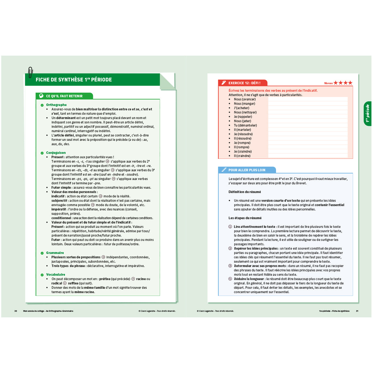 Mon année de collège - Cahier de cours et d'entraînement - Orthographe-Grammaire - 4ème