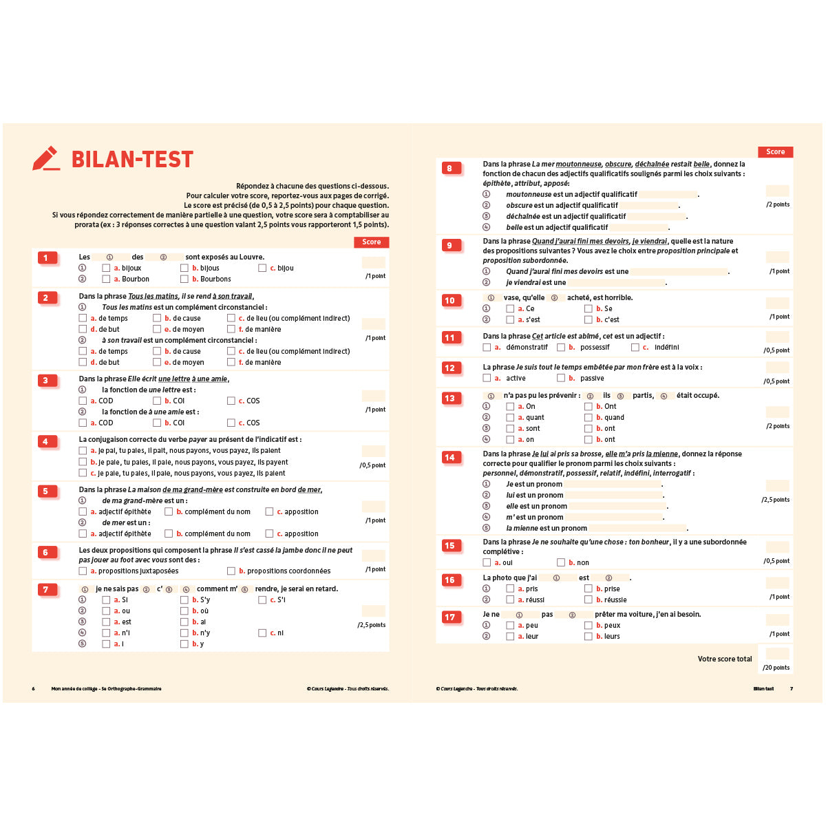 Mon année de collège - Cahier de cours et d'entraînement - Orthographe-Grammaire - 5ème