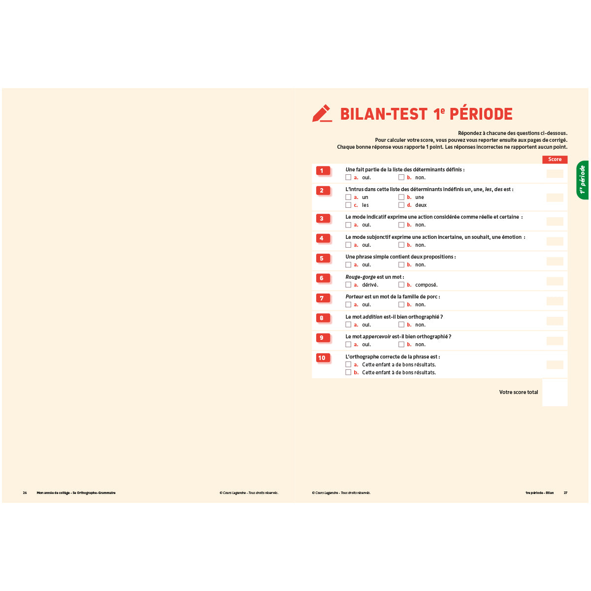 Mon année de collège - Cahier de cours et d'entraînement - Orthographe-Grammaire - 5ème