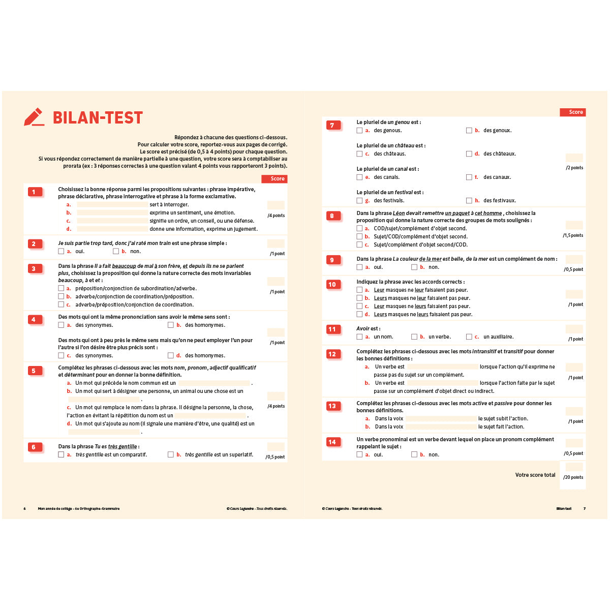 Mon année de collège - Cahier de cours et d'entraînement - Orthographe-Grammaire - 6ème