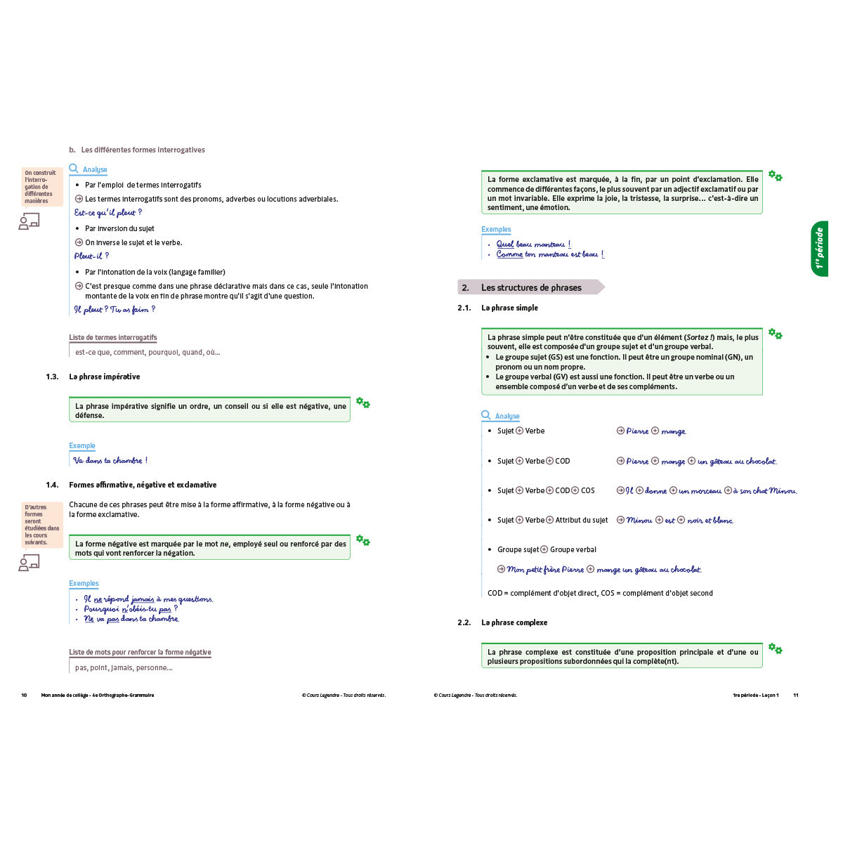 Mon année de collège - Cahier de cours et d'entraînement - Orthographe-Grammaire - 6ème