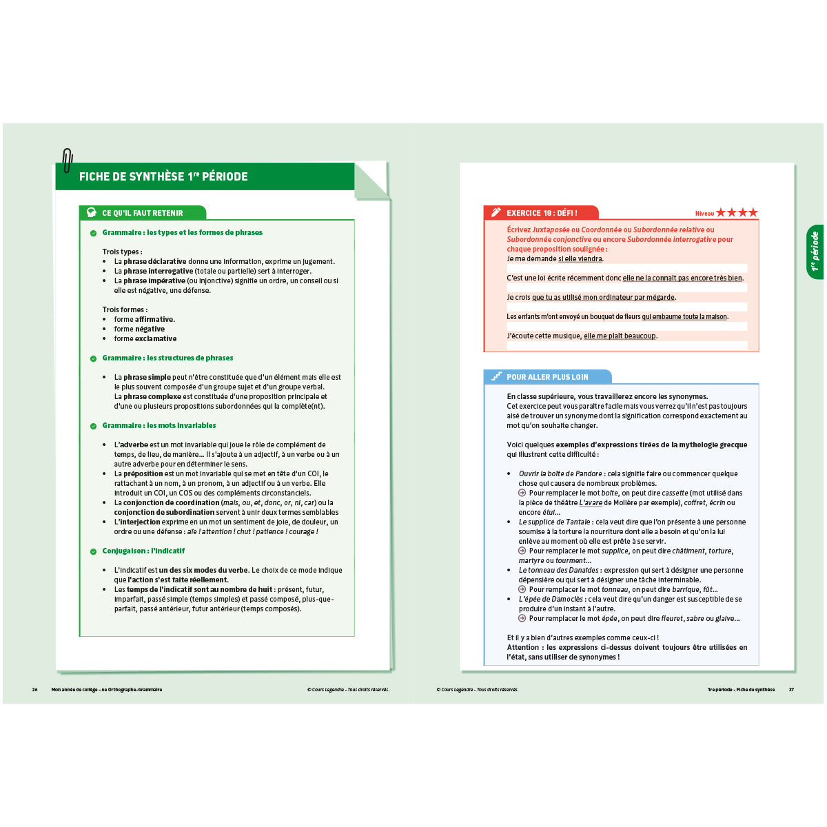 Mon année de collège - Cahier de cours et d'entraînement - Orthographe-Grammaire - 6ème