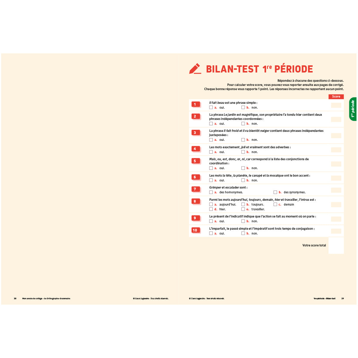 Mon année de collège - Cahier de cours et d'entraînement - Orthographe-Grammaire - 6ème
