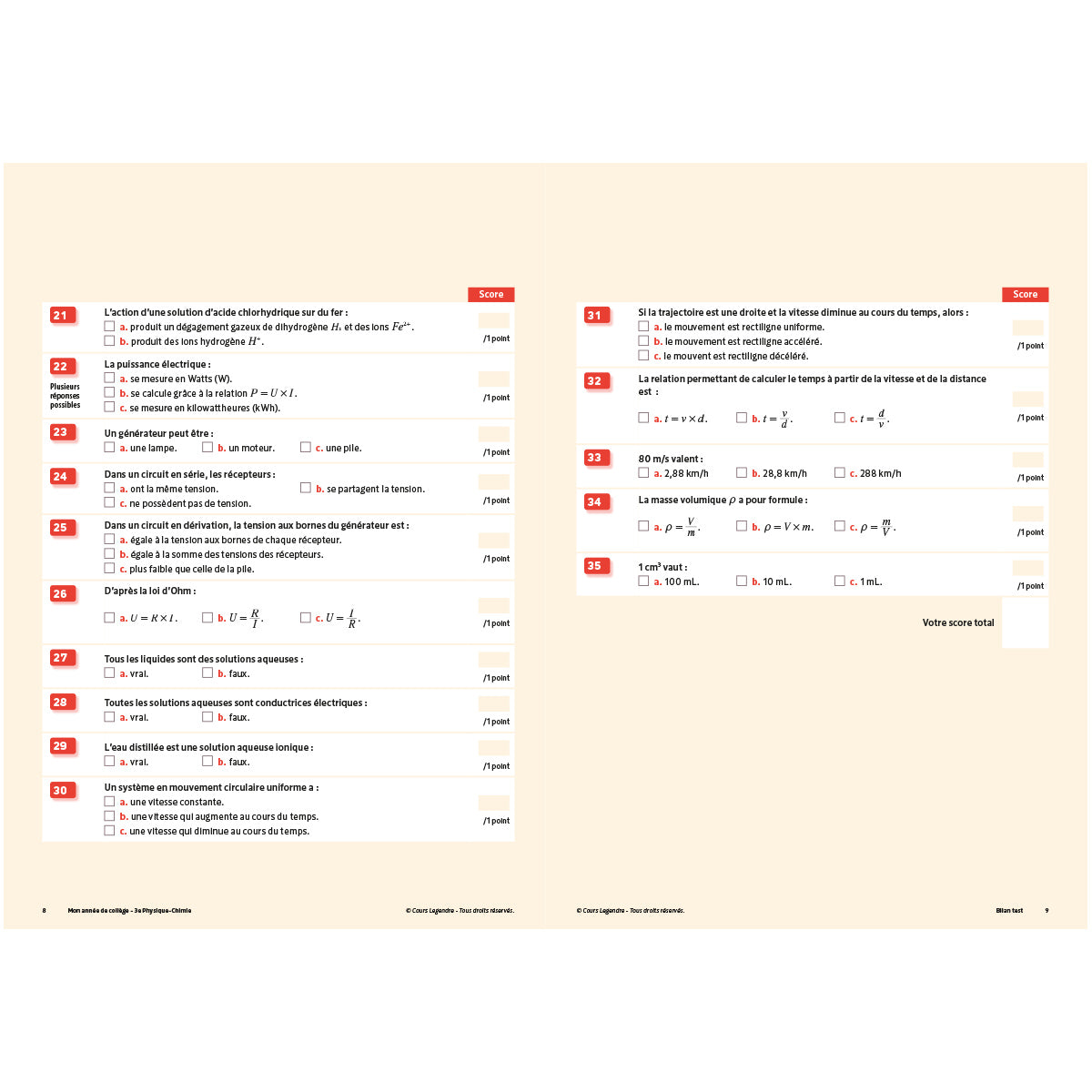 Mon année de collège - Cahier de cours et d'entraînement - Physique-Chimie - 3ème