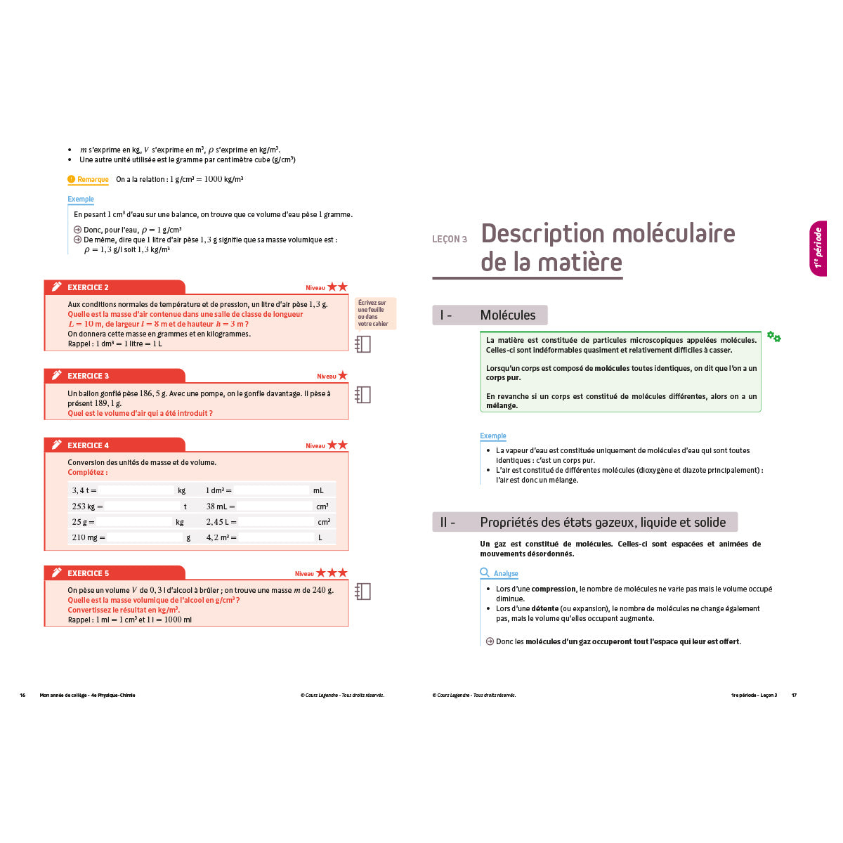 Mon année de collège - Cahier de cours et d'entraînement - Physique-Chimie - 4ème